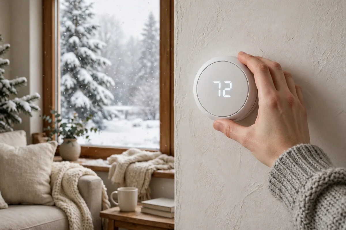 Hand adjusting a round wall thermostat showing 72 degrees beside a snowy window