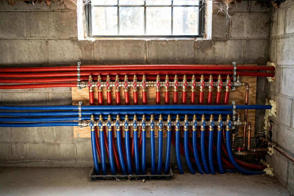 Hydronic heating manifold with rows of red and blue pipes and valves mounted on a basement wall